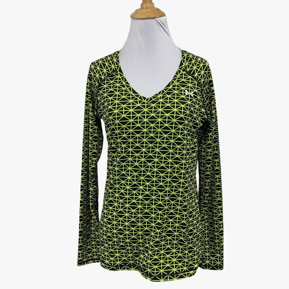 Under Armour Shirt Women Small Citrus Black HeatGear Fitted V Neck Raglan Sleeve - Picture 1 of 10